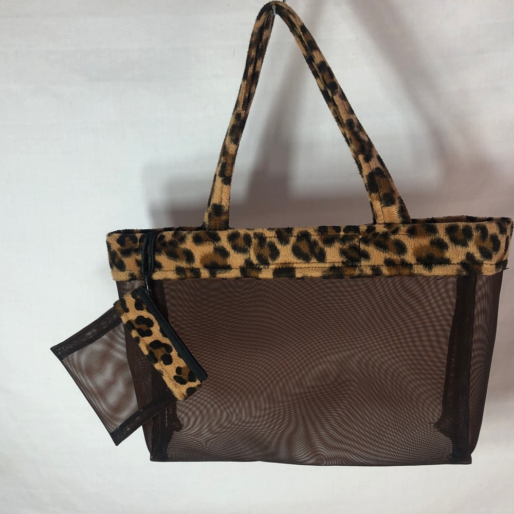 Leopard Trim Brown Mesh Tote Bag & Matching Zip Purse (13” x 8 1/2”)